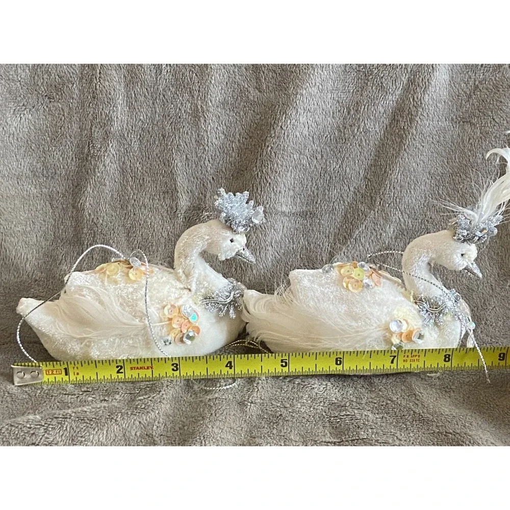 Vtg KATHERINE'S COLLECTION ~Pair of Velvet Feather Sequin Glitter Swan Ornaments
